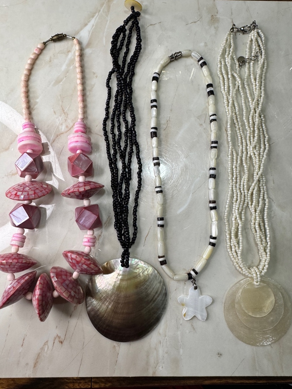 Vintage Shell & Retro Statement Necklace Lot (4 Pieces) – Coastal Boho Glam